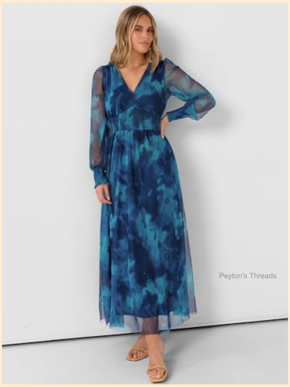 Floral Maxi Dress V Neck Puff Long Sleeve Flowy Casual Wedding Guest Tulle Dress - Picture 3 of 7